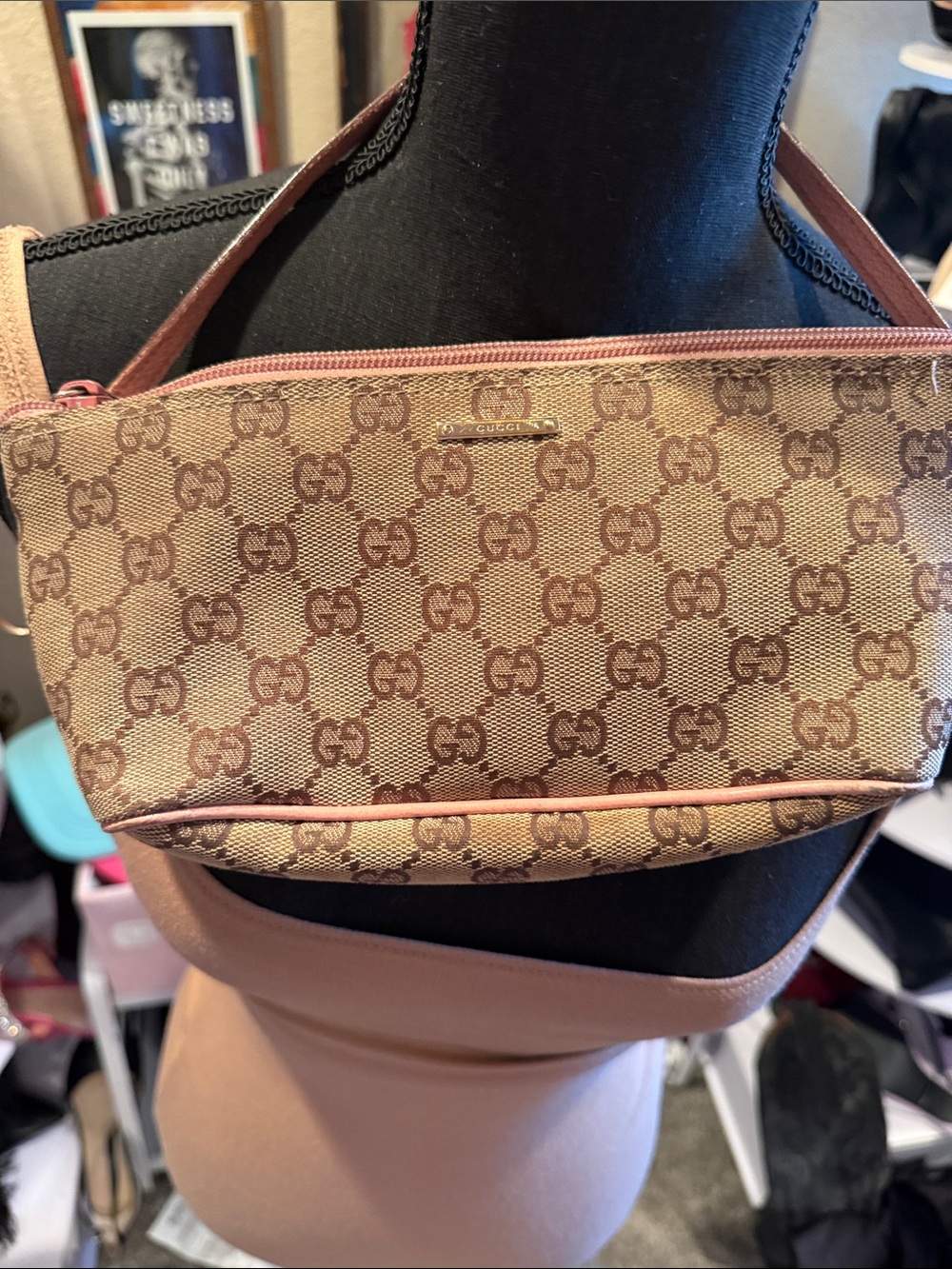 Gucci Brown Monogram Shoulder Bag with Pink Trim